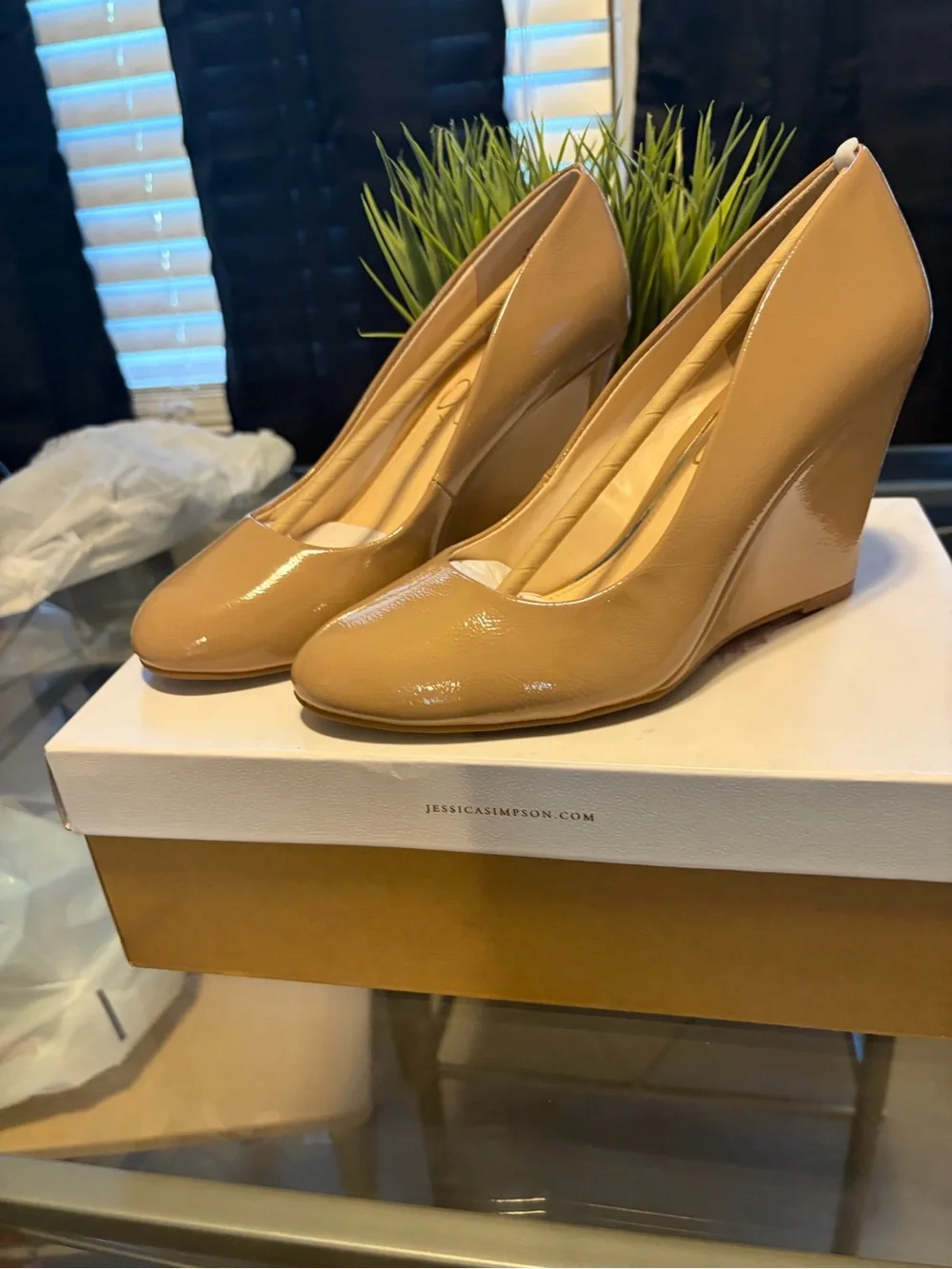 Jessica Simpson Tan Patent Wedge Pumps